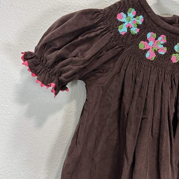 Castles & Crowns Brown Smocked corduroy Sundress‎ with Pink Floral Embroidery - Picture 5 of 7